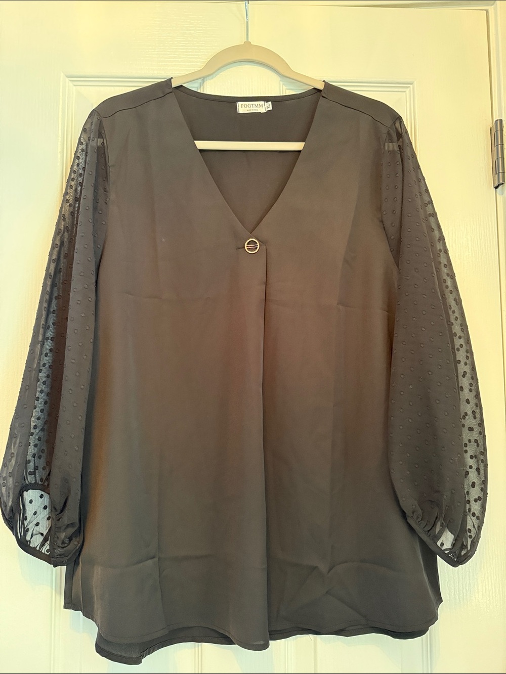 Black V-Neck Chiffon Blouse with Sheer Dot Sleeves